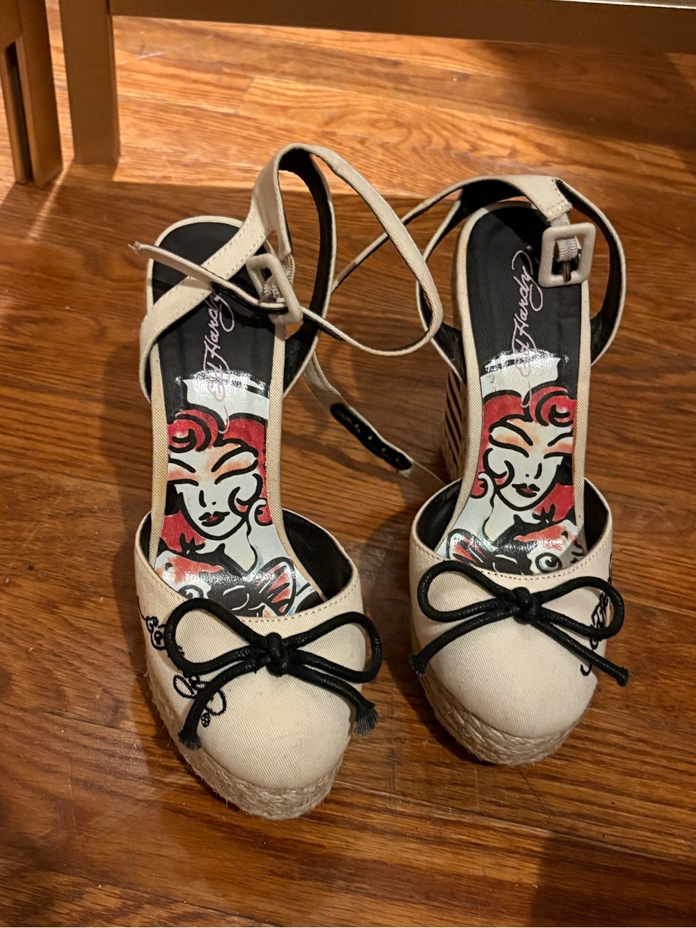 Ed Hardy Cream and Black Striped Espadrille Wedge Sandals - Picture 9 of 10